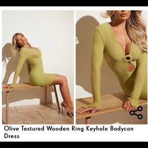 Olive Textured Wooden Ring Keyhole Bodycon Dress